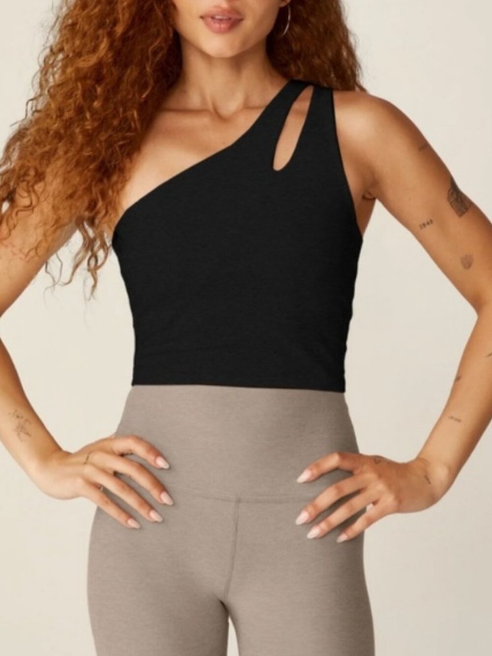 Beyond Yoga Lost Your Mind Crop One Shoulder Space Dye Heather Gray Top